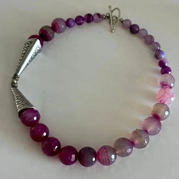 Agate Womens Silver Plated Round Beaded Necklace Multicolor Size 8" - Picture 2 of 9
